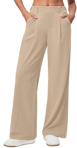 Timuspo Marlenehose Damen Business Casual Culotte-Hose Weite Hose Sommer Frühling Sommer Stoffhose mit 2 Taschen Khaki L
