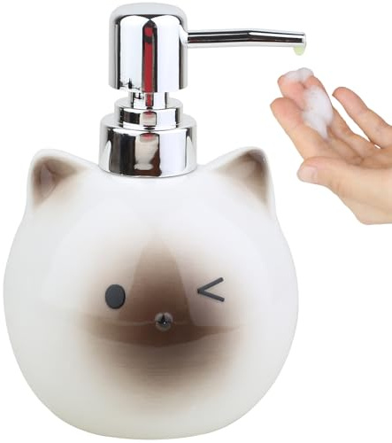 Keramik-Katzenseifenspender, 480 ml Shampoo Duschgelflasche mit Metallpumpe, niedliche Cartoon-Tier-Händedesinfektionsflasche für Bad, Küche oder Wohnkultur (weiß)
