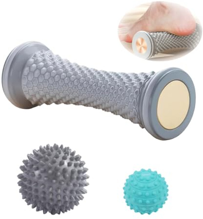 3 Stück Massagebälle Igelball Set, Fußmassage Hart Igelball massageball für Plantarfasziitis, Faszienball für Füße, Tragbarer Gummimassagerolle Fußmassagegerät zur Linderung von Muskelkater Grau