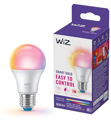 WiZ Smart LED A60 Bulb, Full Color and Tunable White, E27 Base, 60W Equivalent, 2200-6500K, 806 Lumens, Dimmable, Works with Alexa, Google Assistant, and Apple Home, 1 Pack