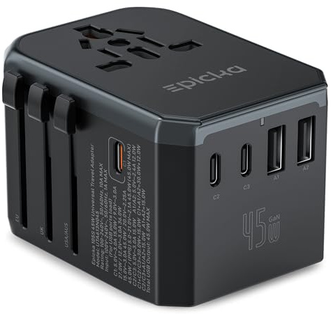 EPICKA Universal Travel Adapter GaN 45W, European Travel Plug Adapter with PD&QC Fast Charging(2 USB-A & 3 USB-C Ports) - Worldwide Travel Essentials, International Power Adapter for UK/US/AU (Black)