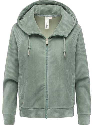 Ragwear Damen Cordjacke weiche Sweatjacke Zip-Hoodie Übergangsjacke aus weichem Kord in Samt-Haptik Corduly Cordy Dusty Green Gr. M