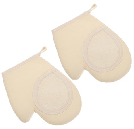2pcs Exfoliating Bath Gloves Loofah Sponge Cotton Beige | Glove Shape for Shower, Body and Legs Use, Comfortable Scrubbing Wash Accessory