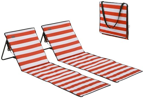 Outsunny Lot de 2 Tapis de Plage rembourré - Matelas de Plage - Dossier inclinable Multi-Positions - Sangle de Transport Inclus - métal Polyester Blanc et Rouge