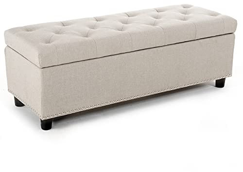 BELLEZE Ottomane mit Stauraum, Sitzbank mit Sicherheitsscharnier, Leinenknopf, Ottomane für Wohnzimmer, Eingangsbereich, Flur, Fußstütze, 136 kg, Beige