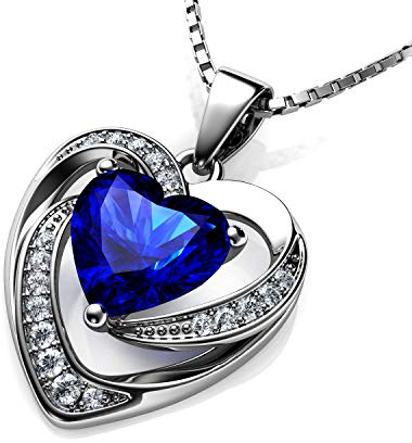 DEPHINI Blu Collana Cuore – 925 argento ciondolo a forma di cuore con zirconi bianchi e blu pietra abbellito con cristalli CZ per donne
