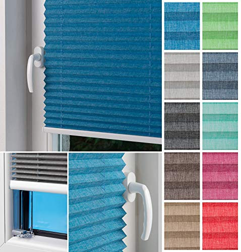 Home-Vision® Plissee Faltrollo ohne Bohren zum Kleben, Innenrahmen, Kollektion Melange Leinenoptik Blickdicht Sonnenschutz Jalousie für Fenster & Tür (Blau - Höhe 120cm x Breite 90cm)