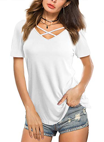 Beluring Shirt Damen Sommer V Ausschnitt Tshirt Elegant Schickes Longshirt, Weiß S