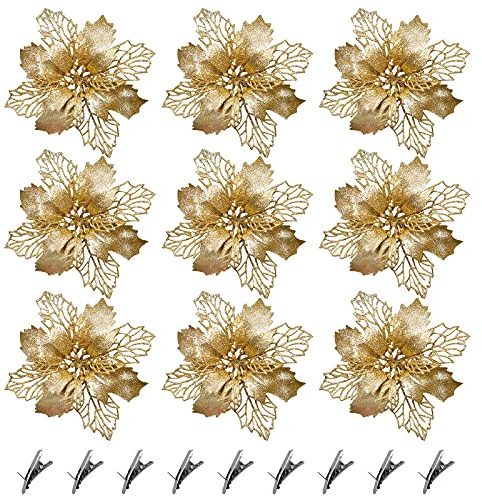 9 Stück Weihnachten Funkeln Blumen,Glitter Künstliche Weihnachtsstern Weihnachtsblumen mit 9 Stück Clips,Goldene Poinsettia für Weihnachtsbaum Kränze Hochzeit Ornamente Dekoration Bastelzubehör,9cm