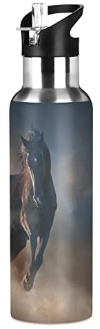 Vnurnrn Cheval Sauvage Animal Nuage Brun Bouteille d'eau Isotherme avec Paille en Acier Inoxydable Gourde 600ML, Sans Bpa Gourdes Eau pour Enfant Sport Randonnée École Bureau