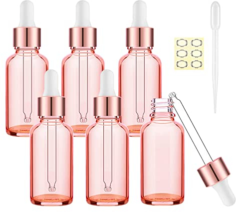 Alledomain 6Pcs, 10ml Rose Gold Glass Bottles with Dropper Pipettes, Mini Empty Dropper Bottles Rose Gold Aluminum Alloy Cap Refillable Sample Container for Essential Oil/Massage Oil/Chemical Liquid