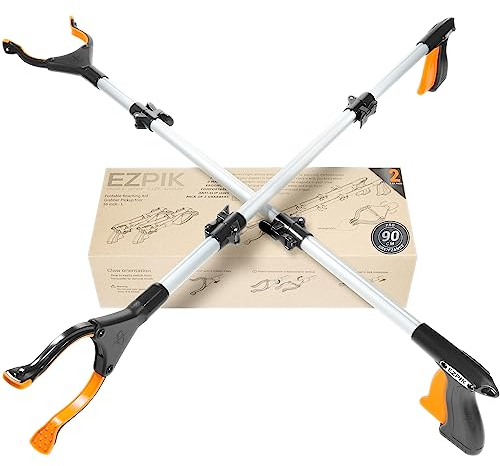 EZPIK® Pinzas Recoge Objetos 90 cm - Pinzas Extensibles para Personas Mayores - Palo con Imán Telescópico para Minusválidos y Ancianos - Pinza Recoger Basura y Fruta [Color Plateado, Pack 2]