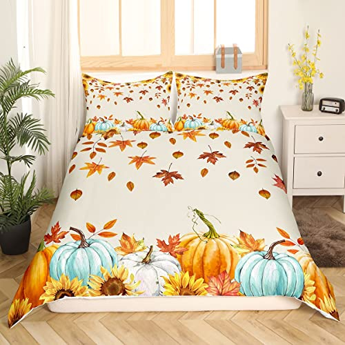 Herbst Kürbis Bettwäsche Set für Zuhause 135 x 200 Thanksgiving Erntezeit Dekor Bettbezug Herbst Ahornblatt Bettbezug für Kinder Teenager Erwachsene Rustikales Farm Sonnenblumen Bett Set 2 Stück
