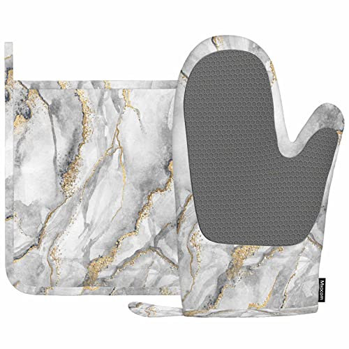 Mxocom Weißer Marmor-Ofenhandschuh und Topflappen mit Silikon-Marmorierung, Granitstein, Gold, Schwarz, Grau, hitzebeständig, Küche zum Kochen, Grillen, Frühling/Sommer