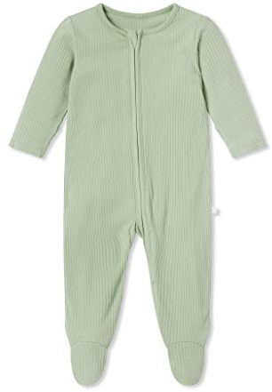 MORI Ribbed Clever Zip Sleepsuit in Bamboo & Organic Cotton, Multiple Sizes | Concealed double-directional zipper ensures quick nighttime diaper changes, with fold-over scratch mitts up to 9 months.