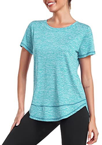 Deaviya Women's Sports T-Shirt Gym Tops, Short Sleeve Workout Casual Running Tops, Ladies Gym Yoga Sports Top, Crew Neck Fitness T-Shirts for Women, Loose Side Split Tee,Light Blue S