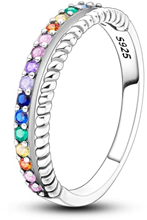NARMO 925 Ring Sterling Silber Bunte Regenbogen Cubic Zirkonia Ringe Dünner Ring für Frauen Mädchen Größe 60mm