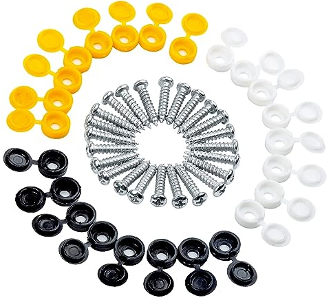 48PCS Kennzeichen Schrauben Motorrad und Auto, Nummernschild Schrauben mit Kappen, Nummernschildschrauben Set (Weiß Gelb Schwarz Kappen)