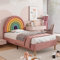 Azkoeesy Polsterbett 90 x 200 cm, mit Kopfteil in Regenbogenform, mit Lattenrost, Kinderbett, Mädchenbett, Jugendbett, Samt-Bezug, Rosa