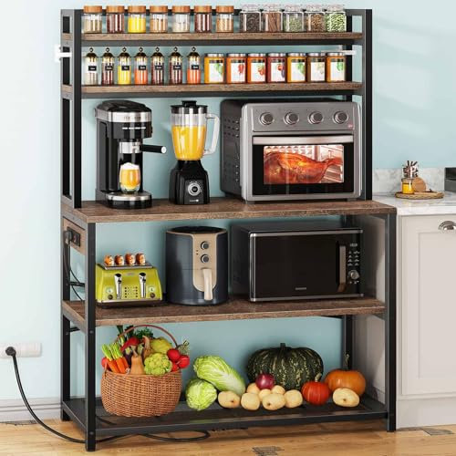 Denkee Estante grande para panaderos con tomas de corriente, soporte para microondas de 5 niveles con almacenamiento, soporte para barra de café, estante de cocina industrial, 38 x 15.7 x 66.9