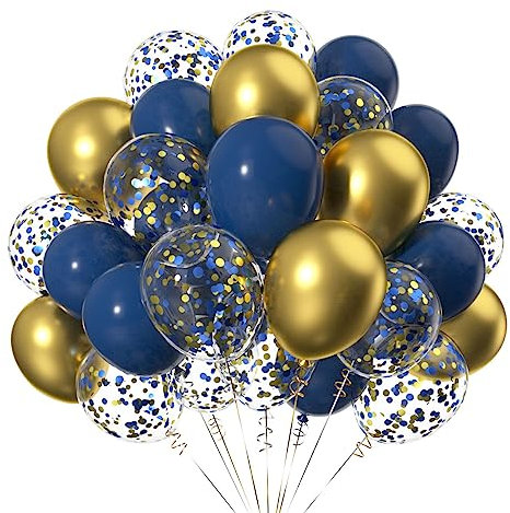 Lot de 50 Doré et Bleu Marine Latex Baudruche Ballons,12 Pouces Or Bleu Confettis Hélium Ballon pour Fêtes Decoration