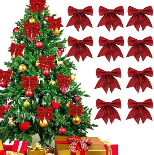 FaJoek Weihnachtsschleifen Rote, 10pcs Weihnachtsbaumschmuck Schleifen, Weihnachtsbaum Bogen Schleife, Geschenkschleife Glitzer, Dekoschleife, Weihnachtsbaumschleifen for Decorations (Rot)