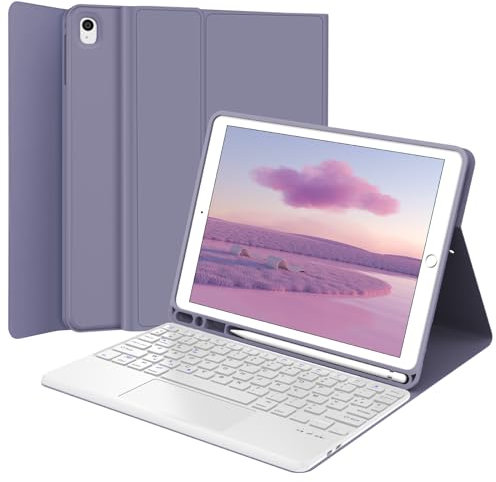 JADEMALL Coque Clavier pour iPad 6eme/5eme Generation 2018/2017 9.7, AZERTY Clavier avec Pavé Tactile pour iPad 9.7 Pouces iPad Air 2/1, Détachable sans Fil Clavier avec Porte-Crayon, Violet