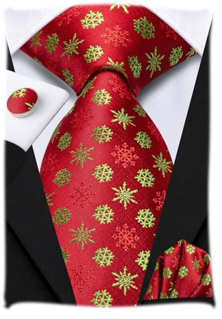Hi-Tie Herren Weihnachtskrawatte Set Krawatte Einstecktuch Manschettenknöpfe Set Match Rentier Schneeflocke Xmas Baum Muster für Hochzeit Prom,Rote Schneeflocke