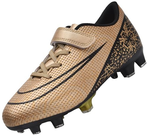 VLOOKST Boys' Football Boots Astro Turf Trainers Kids Girls Spikes Football Shoes Junior Cleats Soccer Shoes Outdoor Athletic Sport Football Trainers Gold 3.5UK