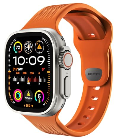 LULULOOK FKM Cinturino per Apple Watch Ultra 2, in Elastomero Fluorurato, Piacevole e Morbido, Resistente All'ossidazione e Alla Corrosione, Cinturino per Apple Watch 44 mm, Serie 10 9 8 7 - Arancione