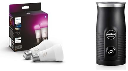 Philips Hue White and Colour Ambiance Smart Light Bulb 2 Pack 75W - 1100 Lumen & Lavazza A Modo Mio Milk Easy Frother, for Milk-Based Recipe, Black