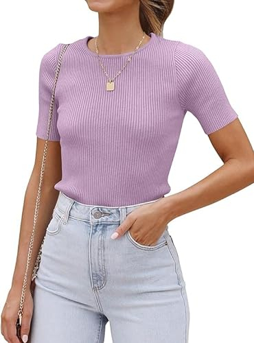 Cuptacc Maglietta da Donna a Maniche Corte, Scollo Rotondo, vestibilità Sottile, Lavorata a Maglia, Tinta Unita, Estiva, Lilla, S