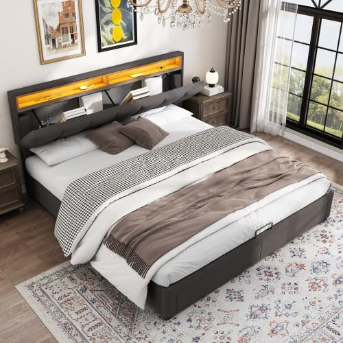 Sapgaks 180 × 200 cm Kissenbett, mit LED-Beleuchtung und hydraulischer Aufbewahrungsbox, Schublade und Nachttisch, Leinen, Grau (Matratze nicht im Lieferumfang enthalten)