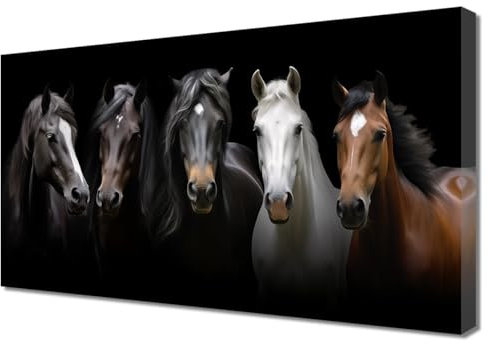 ZQQART Leinwandbild mit Pferden groß braun weiß schwarz rennende Pferde Bild Westerntiere Pferdeporträt Gemälde Wildpferde Thema für Wohnzimmer Büro Zuhause Wanddekoration (Pferdeportrait,25x50cm)