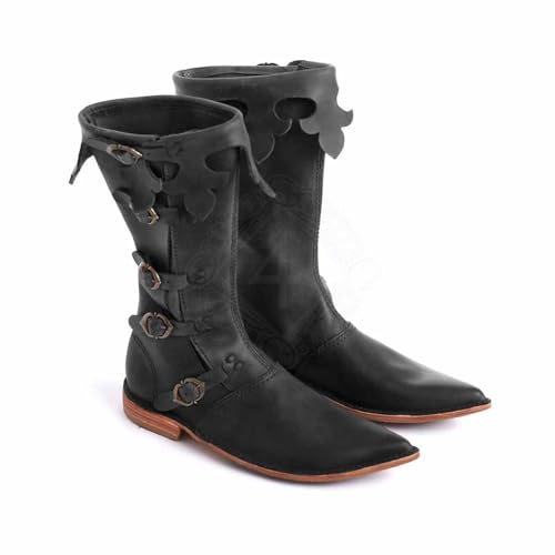 CrvooQge Vintage Herren Mid Calf Stiefel Mittelalterliche Wikinger Ritterstiefel Outdoor Casual Sport Cowboystiefel PU Leder Spitze Zehe Chunky Heel Herrenstiefel, 38-48,Schwarz,43