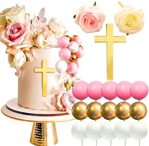 LaVenty Cross Cake Topper Pink White Cake Decorations Rose Cake Toppers Baptism Cake Topper Baby Shower Cake Decorations Wedding Cake Decoration Palm Leaves Cake Decoration