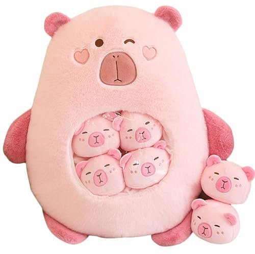 Capybara Peluche Kawaii Capybara Peluche con 6 Bambini Carino Borsa di Capybara Plushies Cuscino Giocattoli Impagliati Per Ragazze Ragazzi Regali,Rosa