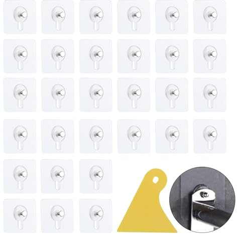 30 Stück selbstklebende Klebehaken-Set, robuste selbstklebende Bilderhaken, Bilderaufhänger ohne Nagel, transparent, mit 1 Kunststoffschaber für Wohnzimmer, Schlafzimmer, Badezimmer, Wandrahmen,
