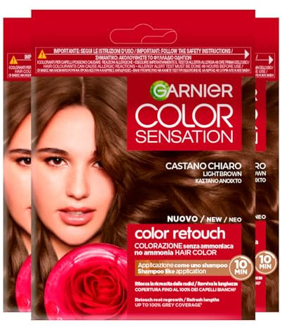 Garnier Color Sensation Color Champù Retouch 5.0 Castaño Claro Tinte Permanente para el Crecimiento del Cabello Cubre el 100% de las Canas Fácil Aplicación - 3 Tintes