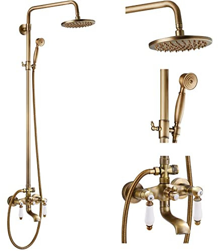 Antique Brass 8’’ Round Shower Head Triple Function Exposed Pipe Shower System Wall Mount Mixer Faucet Set with Handheld Sprayer and Tub Spout
