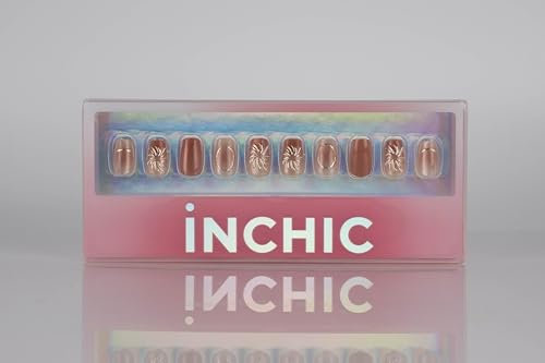 INCHIC Golden Fireworks, Short Squoval, Brown and Silver Metallic Shades, 30 Pcs Press on Nail