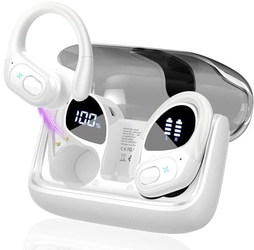 STECEi Wireless Earbuds, 75H Bluetooth 5.4 Headphones Sport with 4 ENC Noise Cancelling Mic, HiFi Stereo Wireless Earphones with Earhooks, IP7 Waterproof Ear Buds for Sport/Running/Gym, White