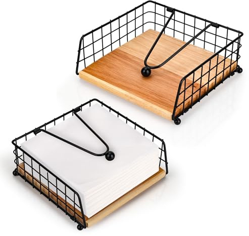 Aramanara 2 Pcs Metal Napkin Holders for Tables, Square Serviette Holder | Metal Napkin Holder with Weight Arm, Flat Napkin Tray with Wooden Base for Outdoor Home Kitchen Restaurant Hotel Bar