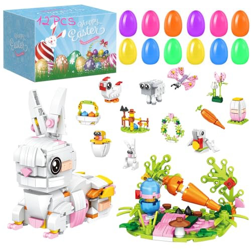 Cyiecw 12-in-2 Ostern Bausteine Set - Kreatives DIY Konstruktionsspielzeug mit Hasen & Karotten, Ideales Ostergeschenk für Kinder ab 6 Jahren
