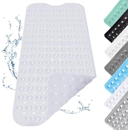 Tapis de Douche Antidérapant, 100x40cm Tapis de Douche Antidérapant avec Ventouses, Tapis de Bain Antidérapant Long, Tapis de Douche avec Trous D'évacuation, Design Galets, Blanc Transparent