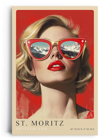 Paul Sinus Leinwandbild 60x90cm Leinwandbild St. Moritz Retro Kunst Alpen Eleganz moderne Ästhetik stilvolle Fashion Ikone Schweizer Luxus