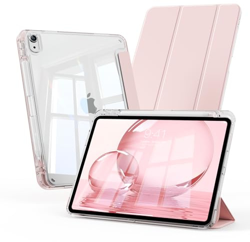GKABXY Case for iPad Air 11 Inch (M4/M3/M2) 2026/2025/2024, iPad Air 5th/4th Generation (2022/2020) 10.9 Inch with Pencil Holder, Clear Transparent Back Shockproof Cover, Auto Sleep/Wake, pink