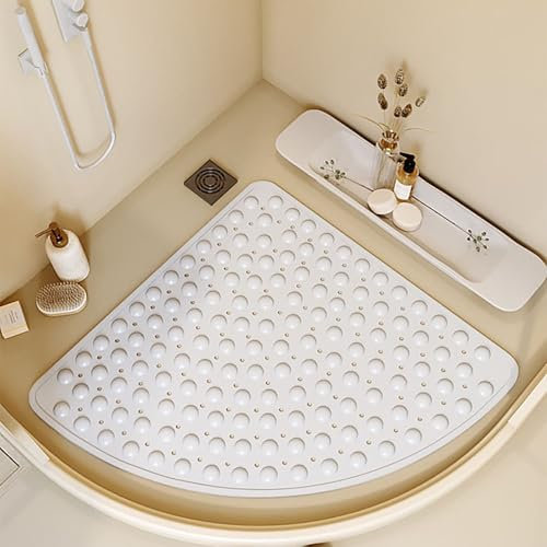 Tappeto Doccia Antiscivolo Angolare 65x65cm,Tappetino Doccia Antiscivolo Triangolare,Tappetino Doccia con Ventose e Fori di Drenaggio,Tappeto Doccia per Doccia e Bagno (Bianco)