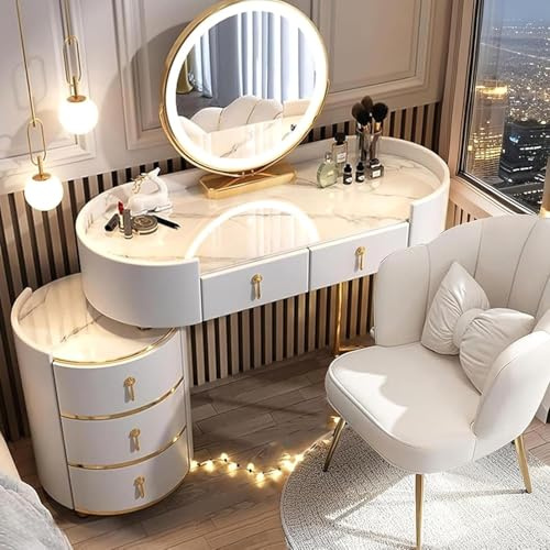 Schminktisch mit Spiegel und Hocker, Touchscreen Schminkspiegel mit 3-Farben dimmbar, Schminkkommode mit 5 Schubladen für Frauen und Mädchen - Modernes Schlafzimmer Kommode Geschenk (Weiß, 80cm)