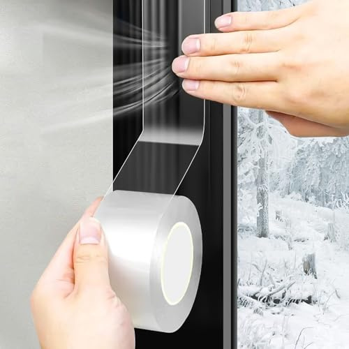 KASURE Waterproof Sealant Tape 30mm x 10m, 2 Rolls of Transparent Sealing Tape, for Window Draft Isolation, No Residue, with Scraper and Scissors
